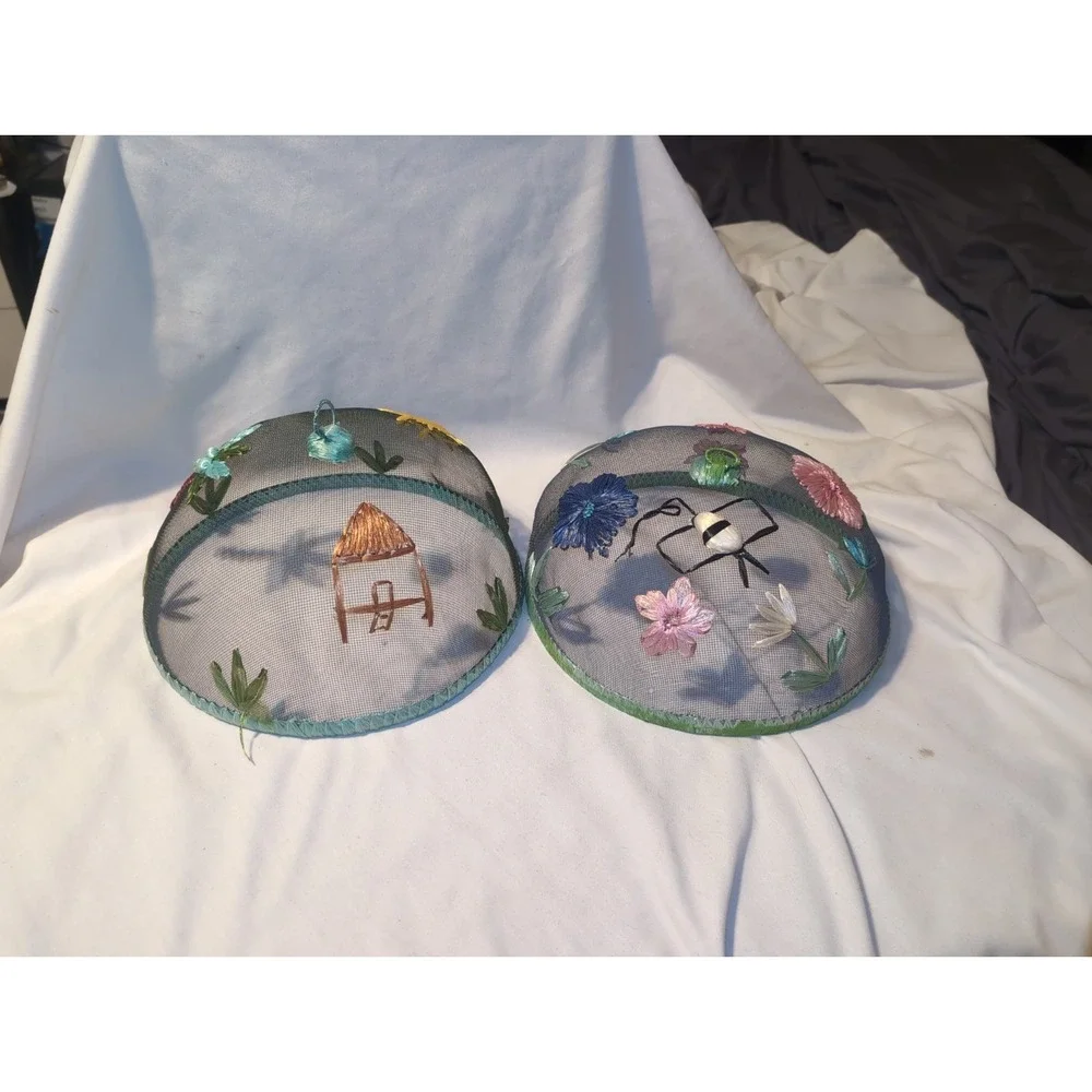 2x Vintage Food Dome Cover PICNIC Mesh Screen Floral, Bumble Bee, Palm Tree